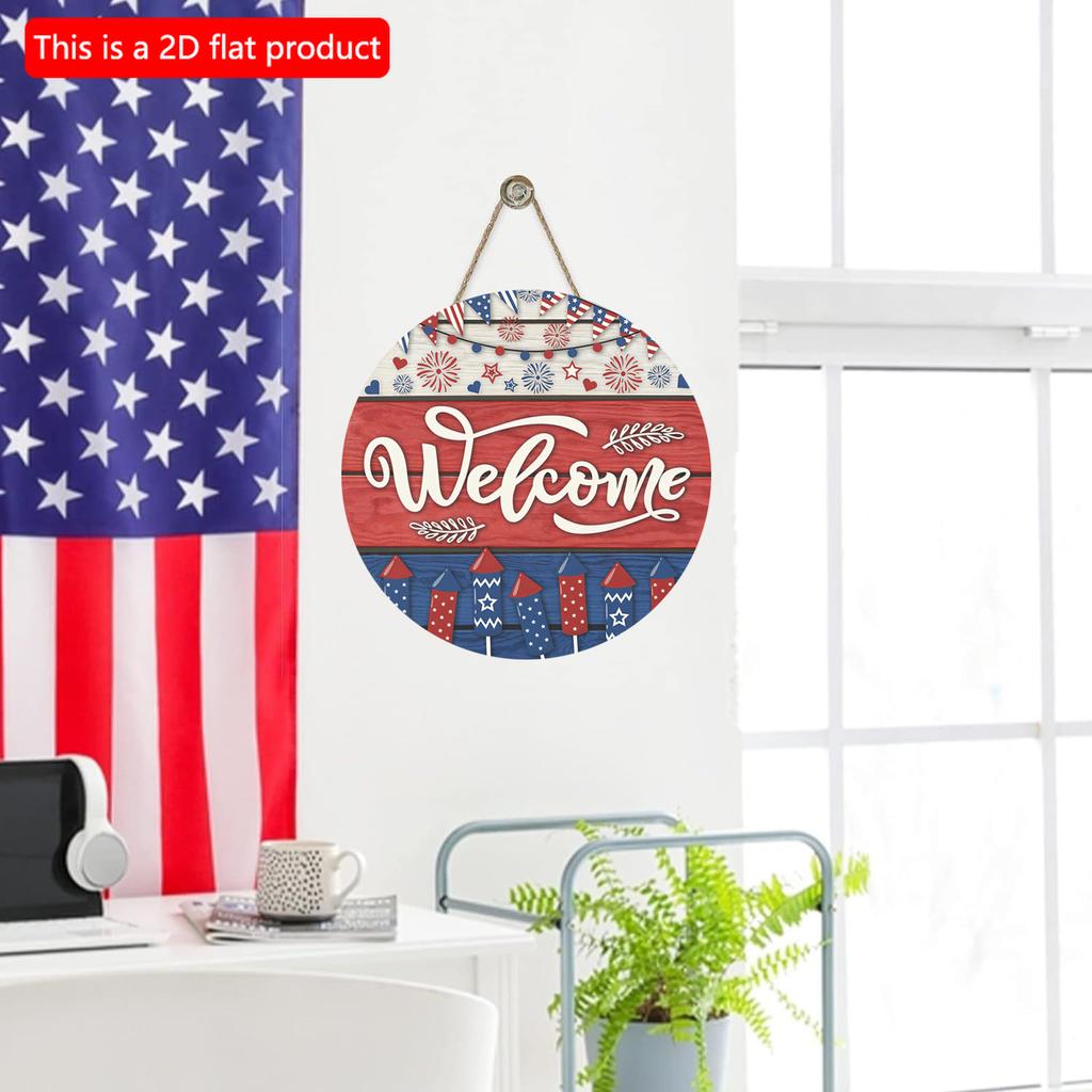2D Flach 20cm1St. Willkommen Amerikanischer Unabhängigkeitstag Thema Runder Anhänger aus Holz, Buntes Feuerwerk&USA Flaggenmuster feiern Unabhängigkeitsparty