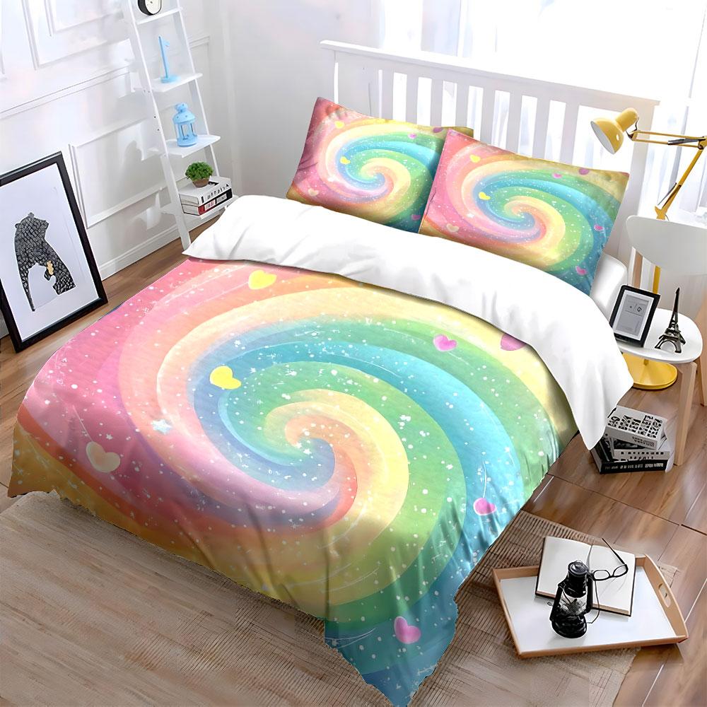 Colorful Swirl with Hearts Bedding Duvet Cover Set Duvet Cover Pillowcases (1*Duvet Cover 2*Pillowcases, Without Duvet Insert)