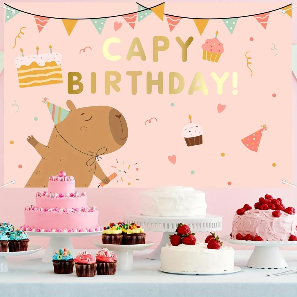 Uno sfondo carino per il compleanno con una capibara dei cartoni animati e gelato con scritto "Buon Compleanno!" Invia un testo per festeggiare un compleanno adatto alle ragazze