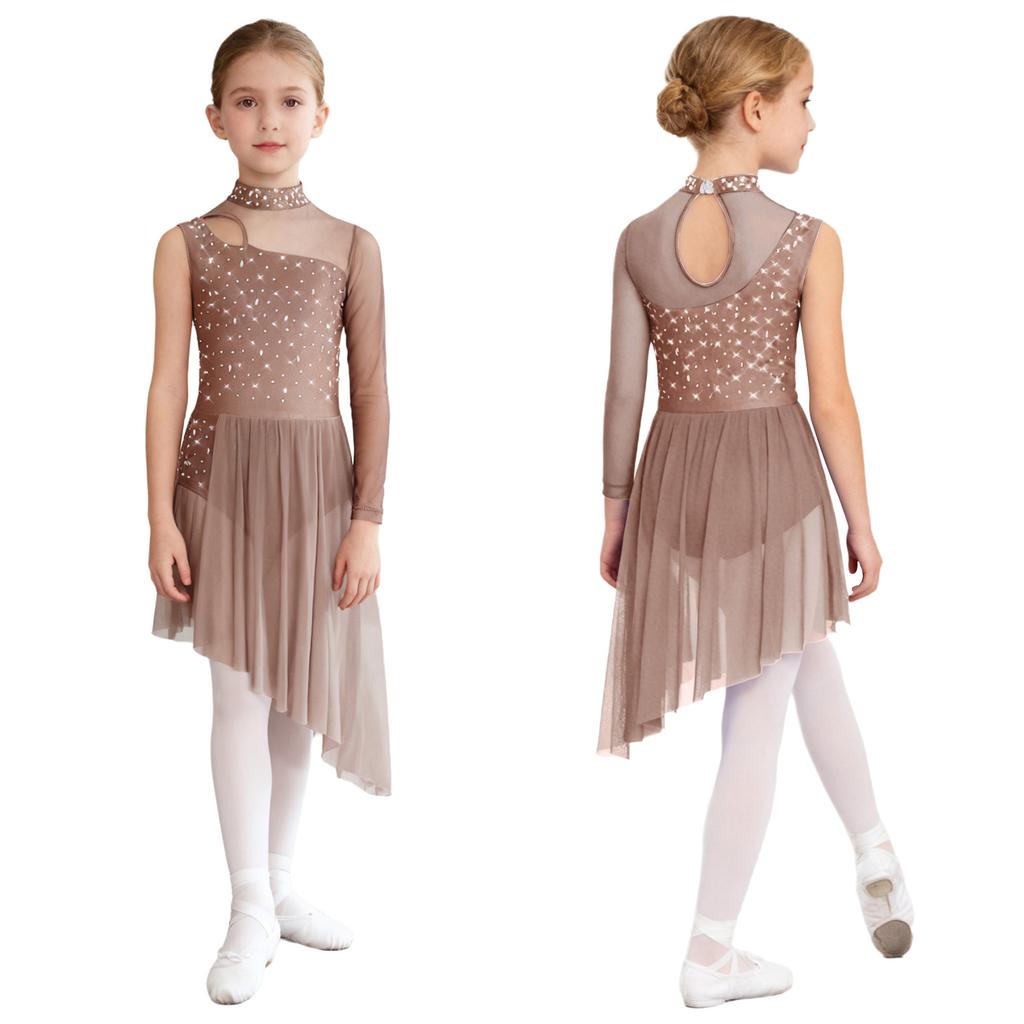 Complete Competition Lyrical Costume for Girls: Features Asymmetrical Design, Mock Neck, Mesh & Rhinestone Details