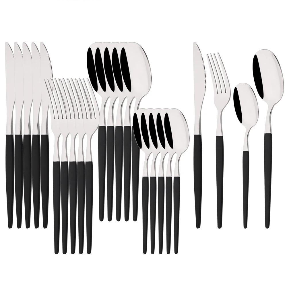 24Pcs Black Dinnerware Set Stainless Steel Tableware Knife Fork Coffee Spoon Teaspoons Cutlery Set Party Kitchen Flatware