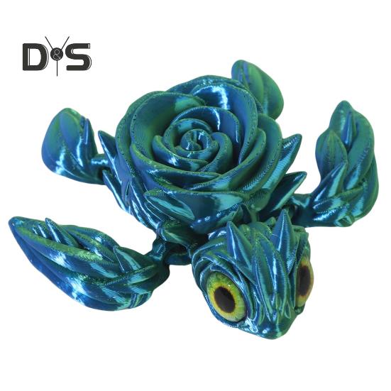 3D Printed Rose Turtle Figurine Movable Joints Flower Sea Tortoise Figure Articulated Animal Model Toy Home Office Bookshelf Desktop Decoration