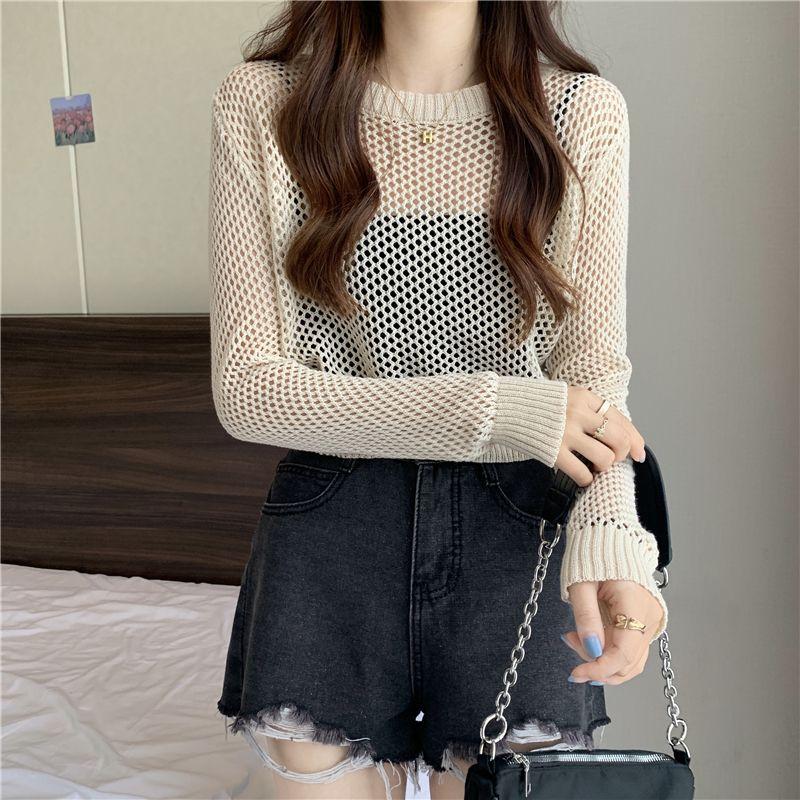 Thin Long Sleeved Sunscreen Knitted Sweater for Women Loose and Lazy Style Hollowed Out Cover Shirt with Suspender Straps Short Top for External Use