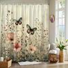 1pc Floral Butterfly Shower Curtain - Pink & Peach Flowers on Beige, Washable Polyester, Nature-Inspired Bathroom Decor