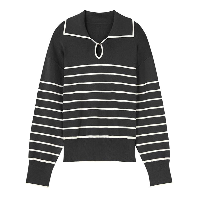 Qiushuiyiren Women's Striped Turn-Down Collar Knit Sweater