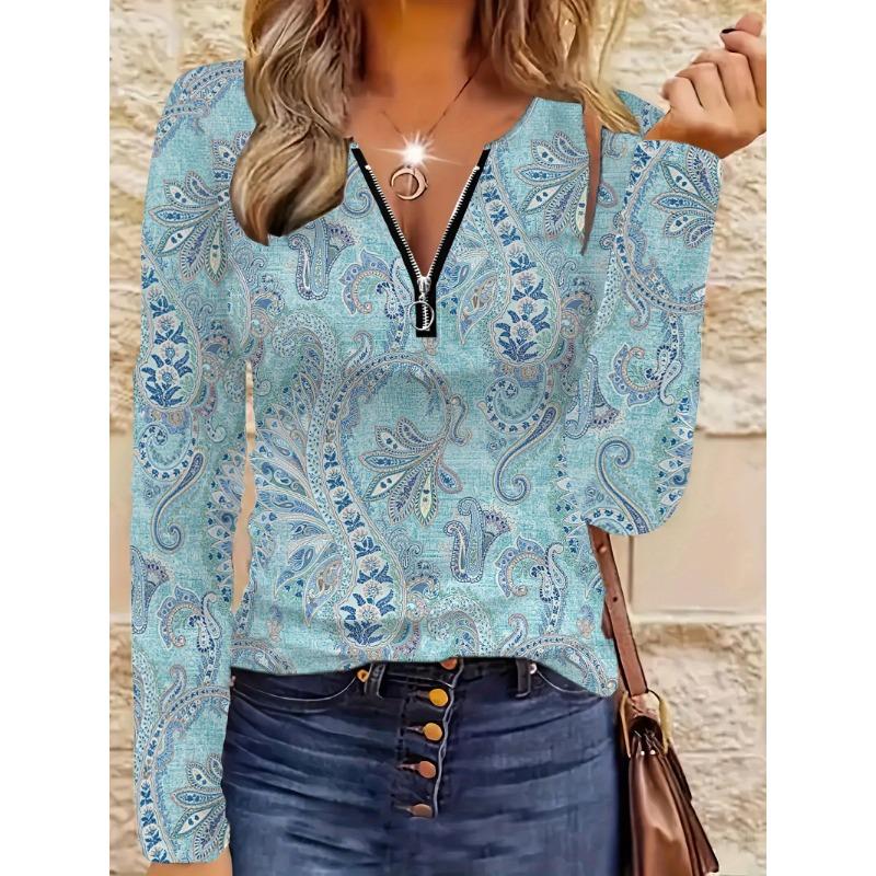 Damen Freizeit-Oberteil mit Reißverschluss und langen Ärmeln, leicht und bequem, maschinenwaschbar, mit einem vintage-künstlerischen Design, perfekt für den Alltag
