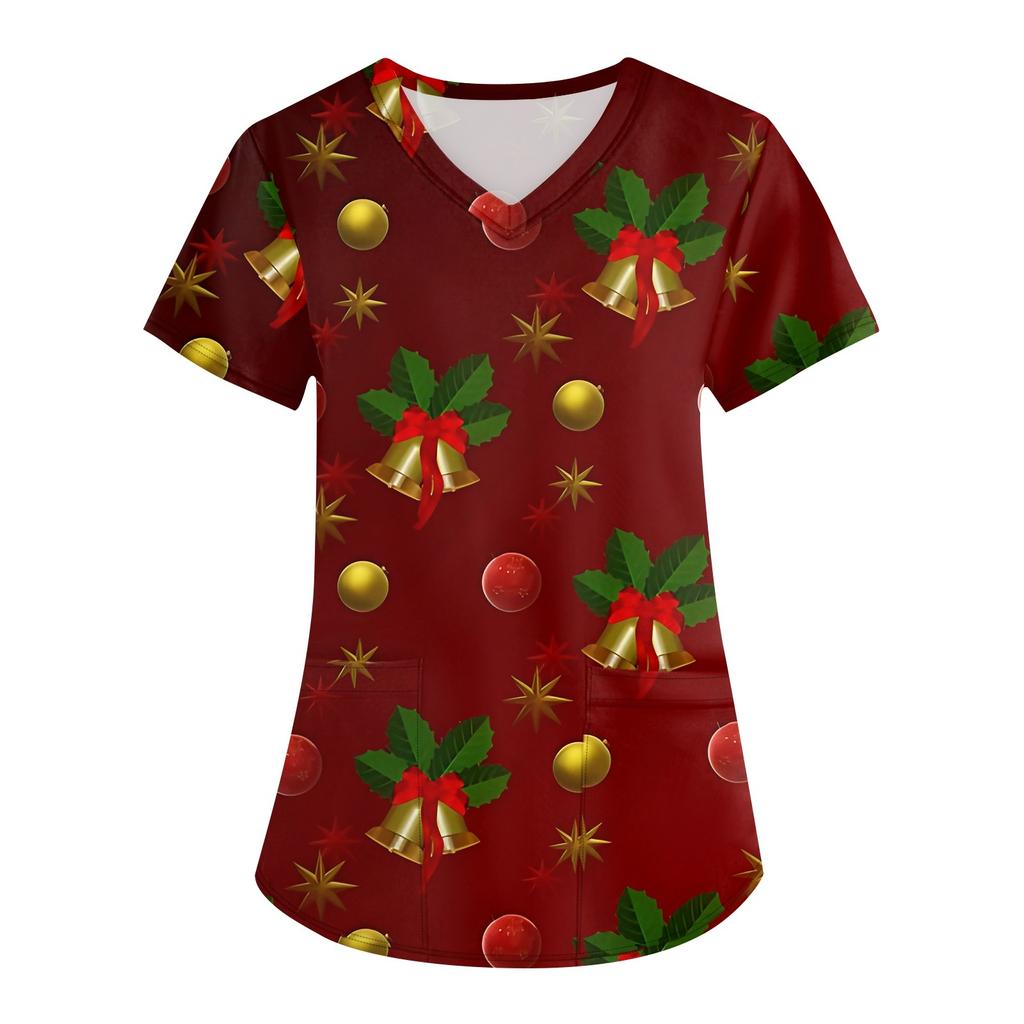 Vêtements de travail à manches courtes et col en V pour femmes avec poches et hauts imprimés de Noël