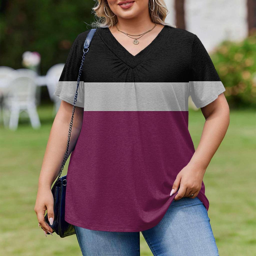 Women's Plus Size Fashionable Casual Loose-Fit Short Sleeve Elegant V Neck Blouse For Work