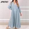 JPNTKY Women's Fashion Autumn Winter Solid Color Print V-Neck Long Sleeve Casual Dresses
