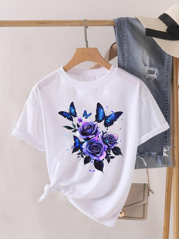Aquarell Schmetterling Niedlich 90er Kleidung Damen Kurzarm T-Shirt Frauen Print Weiblich Grafik T-Shirts Mode Kleidung Lässiges T-Shirt