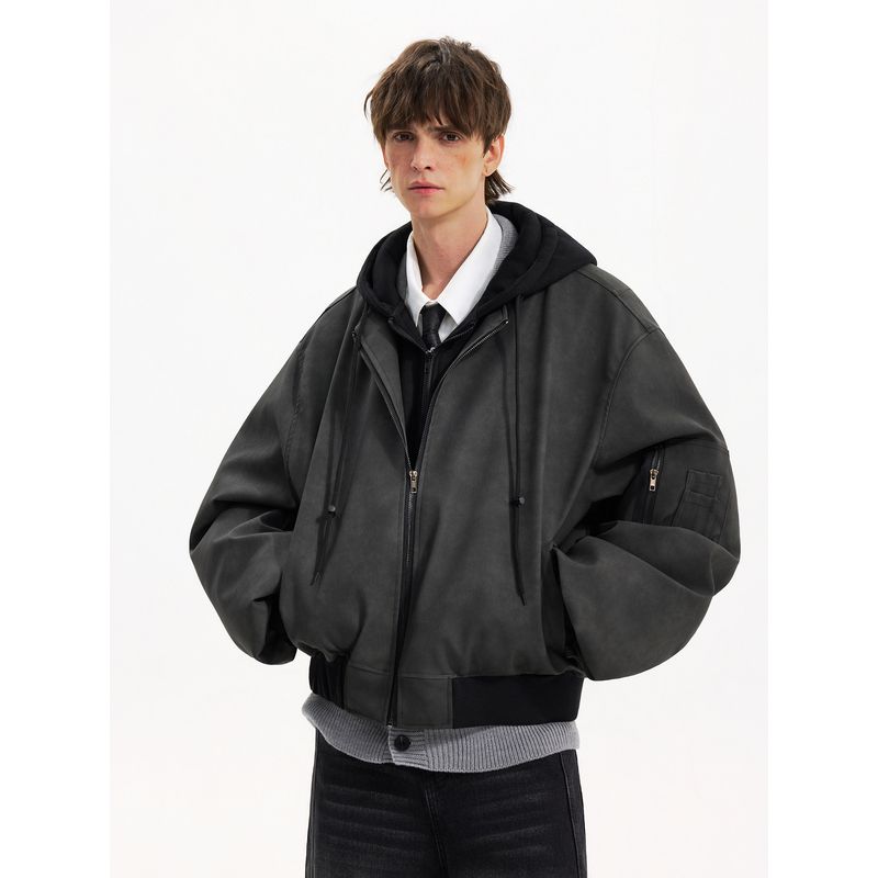 Blaexit Suede Silhouette Faux Two-Piece Quilted Jacket Men's Bomber Cotton Jacket American Style Pilot Jacket Cotton Coat