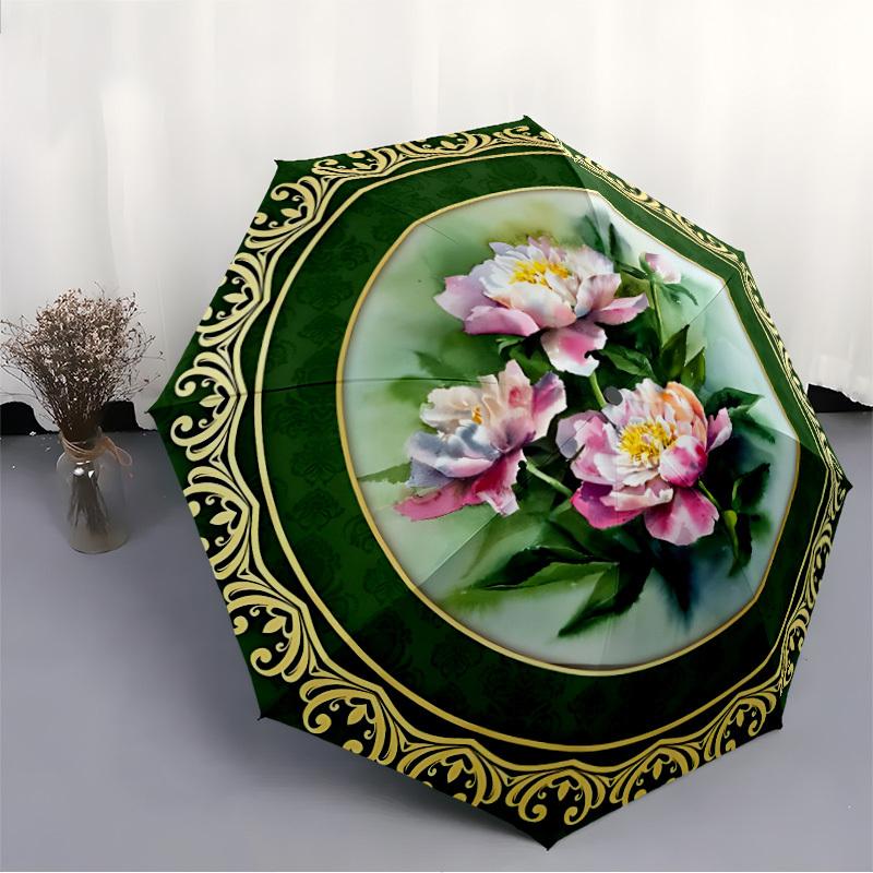 1 Stück Floral Dekorativer Automatischer Faltregenschirm - Tragbares faltbares Design, 8-Rippen-Eisenrahmen, Strapazierfähiger Stoff yy251125135