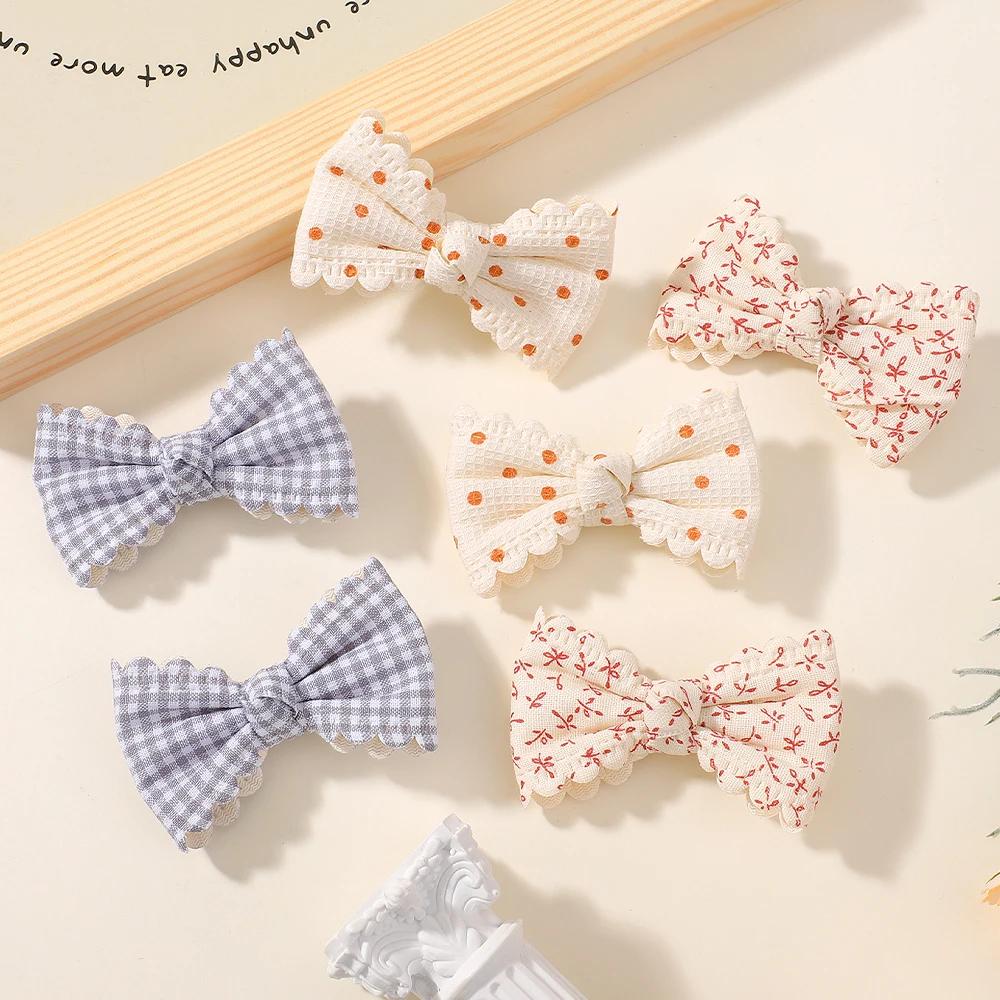 2Pcs/Set Flower Print Hair Clips Kids Bows For Baby Girls Handmade Plaid Cute Bowknot Hairpin Barrettes Cotton Hair Accessories