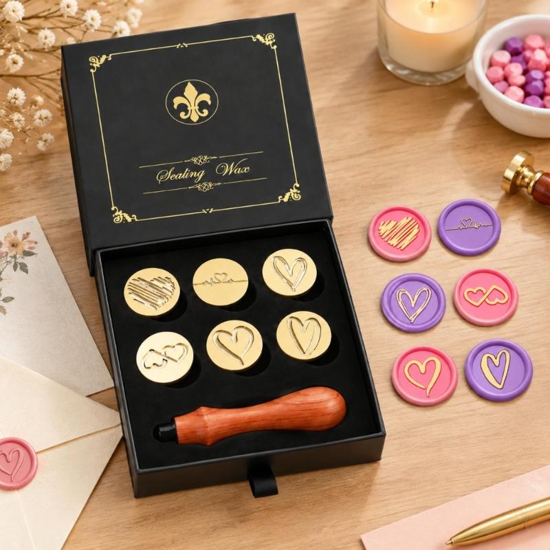 Decorative Wax Seal Stamp with Metal Components and 6 Round Design Disks for Gift Wrapping, Journaling, and Scrapbooks