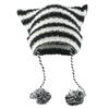 Knit Striped 3D Cat Ear Hat Elastic Windproof Hat with Pom Pom Decor Ear Protector Hat Winter Cycling Skiing Hat