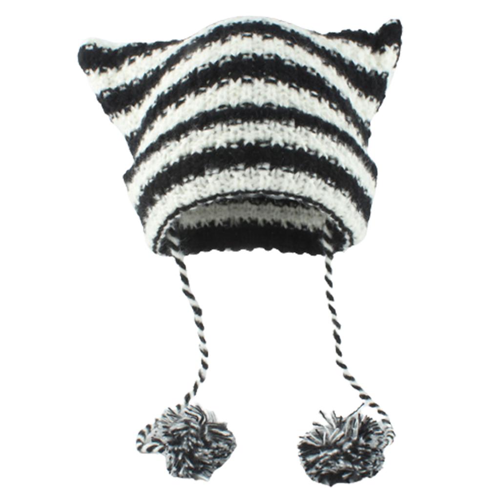 Knit Striped 3D Cat Ear Hat Elastic Windproof Hat with Pom Pom Decor Ear Protector Hat Winter Cycling Skiing Hat