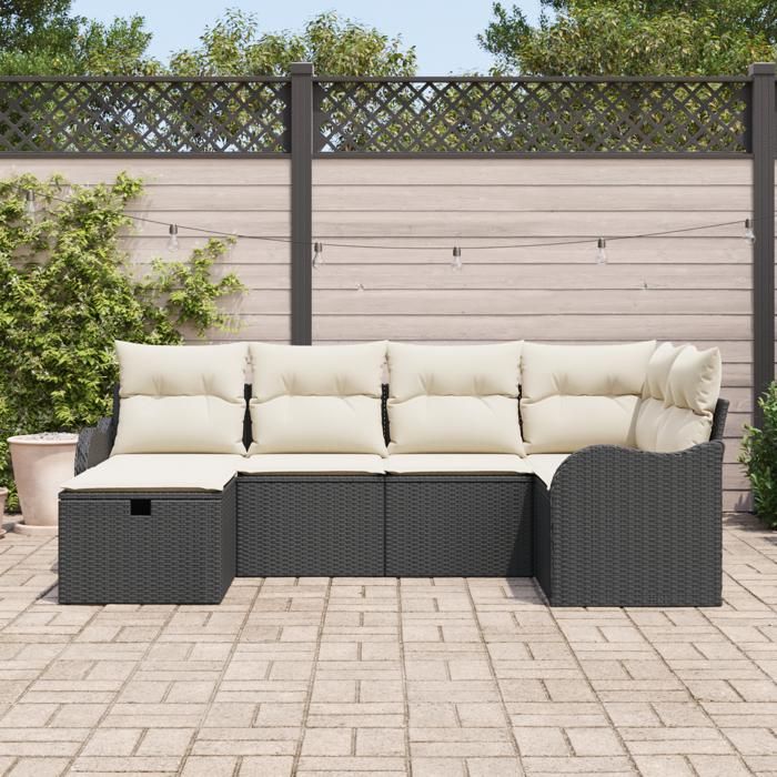 Ensemble de canapé de jardin 6 pièces avec coussins noir poly rattan, Canapé de jardin 2 places avec rangement et coussins 3360308