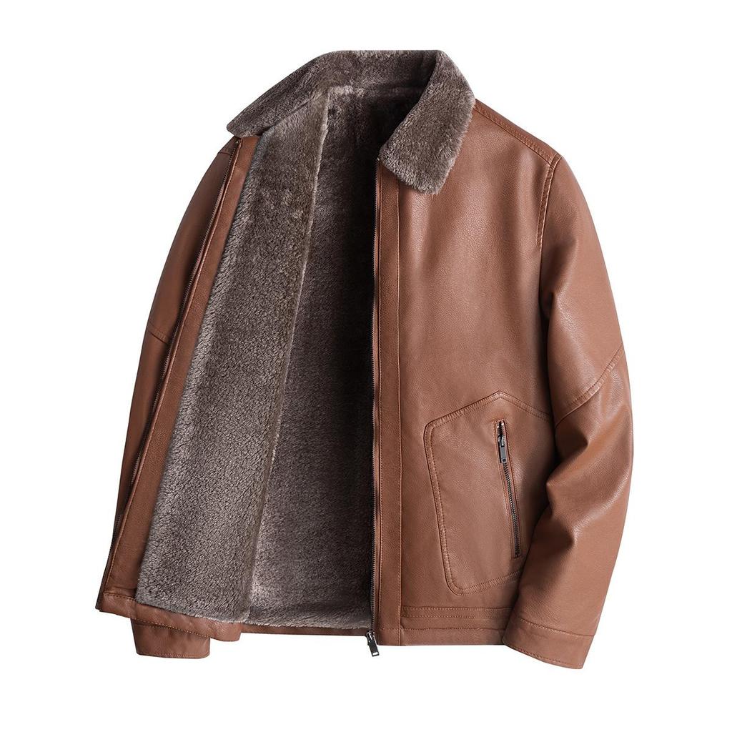 New Middle-aged and Elderly Lapel Fleece Thickened Large-size Men's Leather Jacket