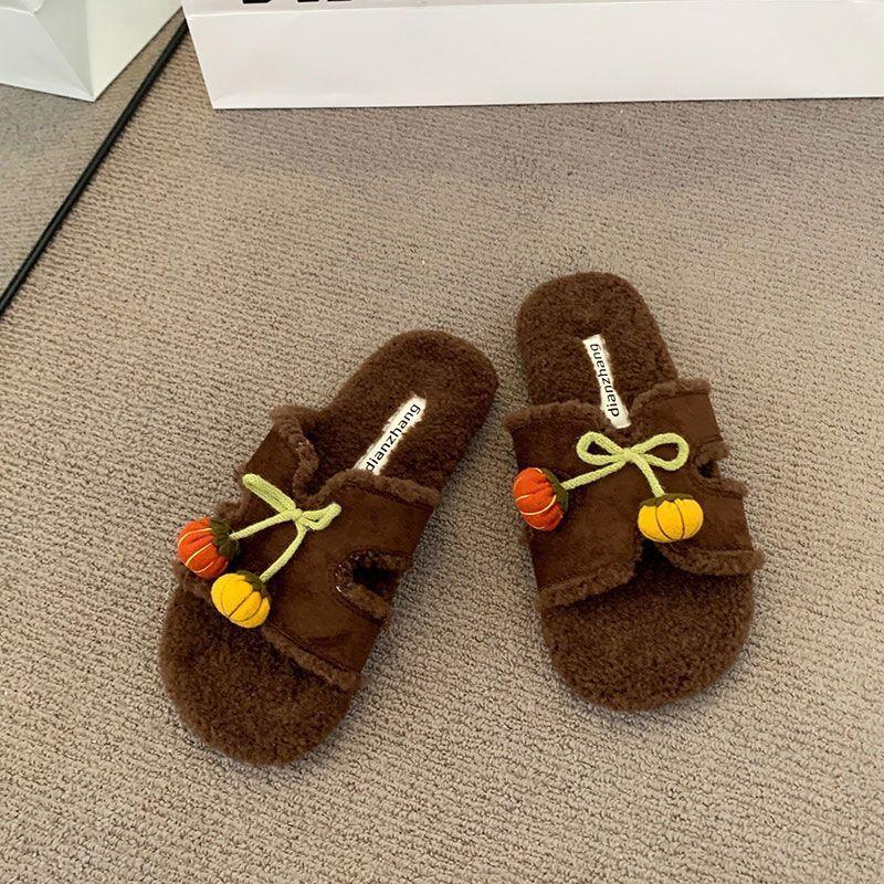 

2025 autumn and winter open-toed double one-word with metal buckle Mao Mao shoes flat-soled fashionable versatile soft-soled women s casual slippers 40 кофейный