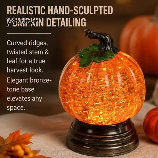 Autumn Home Decor Pumpkin Snow Sphere Lamp, Glitter Lighted Ornament, Fall Table Sparkling Resin Sculpture Centerpiece with Warm LED Lights