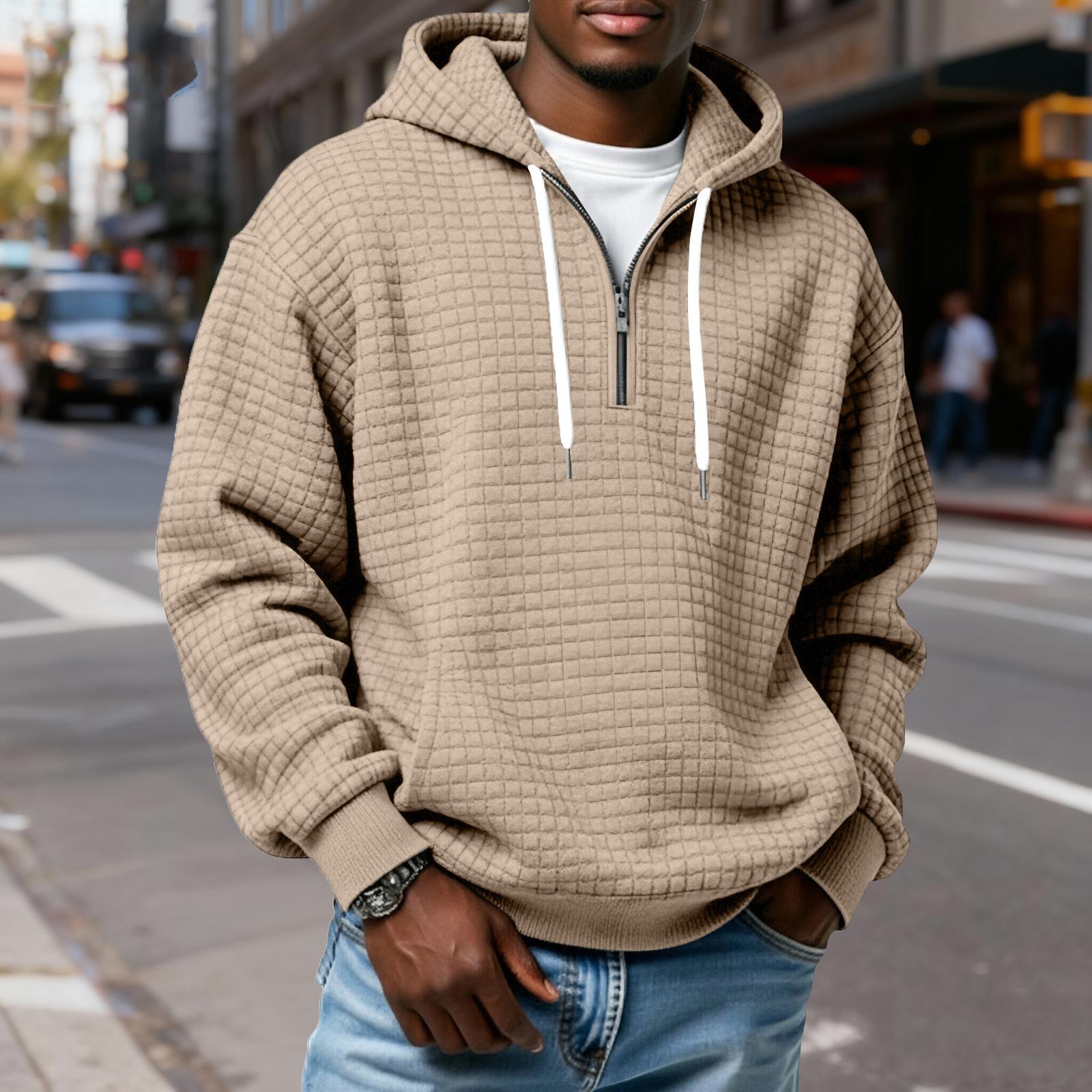 

Men s Half-Zip Hooded Plaid Pullover Drawstring Casual Sports Sweatshirt S хакі