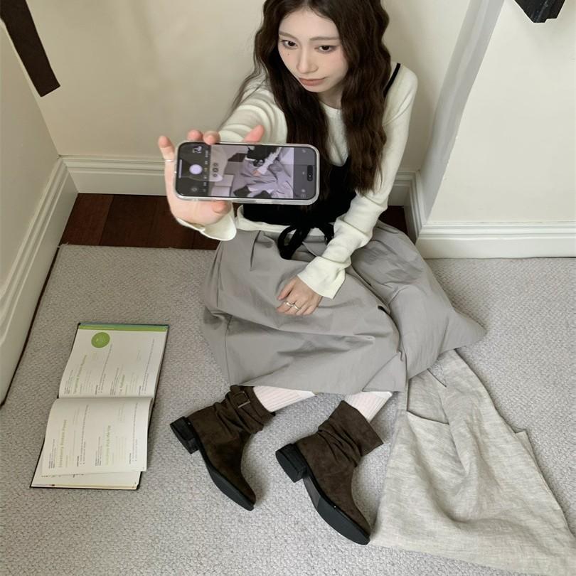 ~ Design niche western cowboy boots round head wide tube folded flat bottom belt buckle short boots women's knight boots