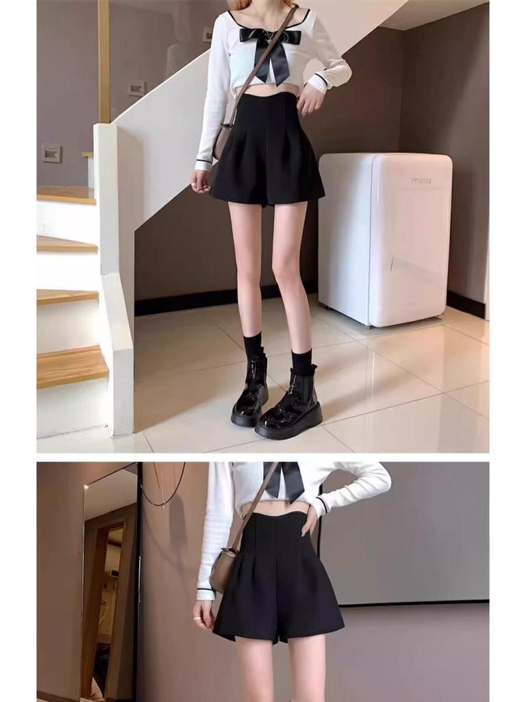 Unisex Black A-line Wide Leg Shorts - 2024 Spring/Summer High Waist Slimming, Petite, Loose Casual Fit