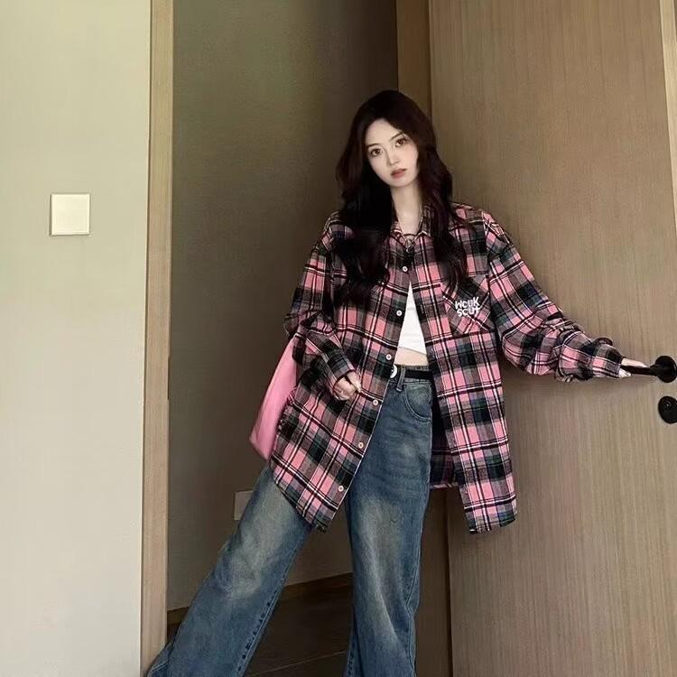 Korean Retro Minimalist Plaid Long-Sleeve Shirt Jacket for Women