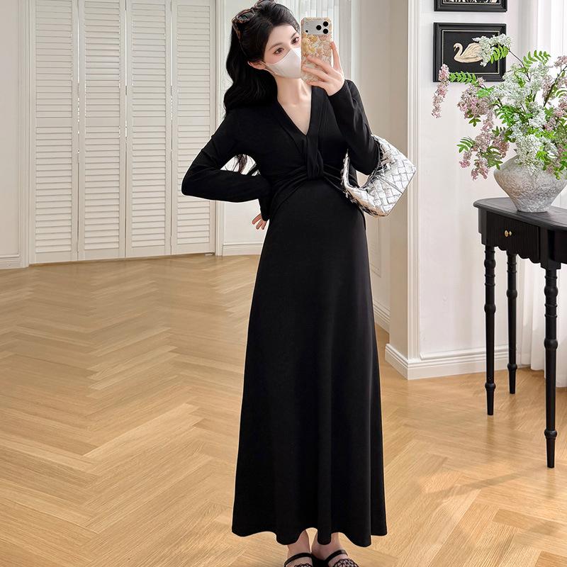

2026 Spring Korean Style V-Neck Maternity Dress - Sweet, Slimming, and Waist-Cinched for a Youthful Look 2XL чорний