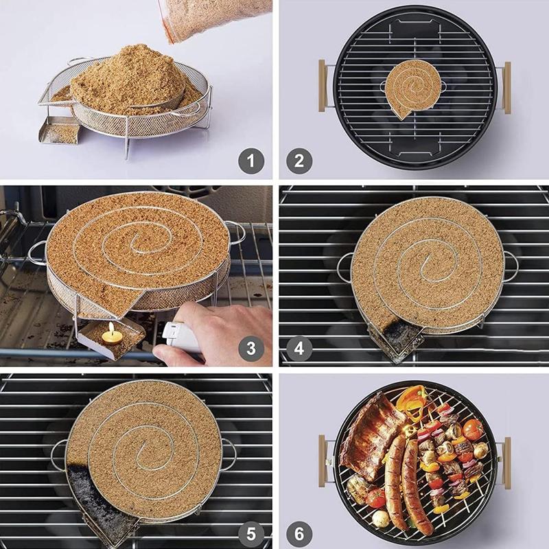 Stainless Steel Cold Smoke Generator Charcoal Barbecue Round Meshes Apple Wood Chips Smoker BBQ Grill Accessories For Salmon