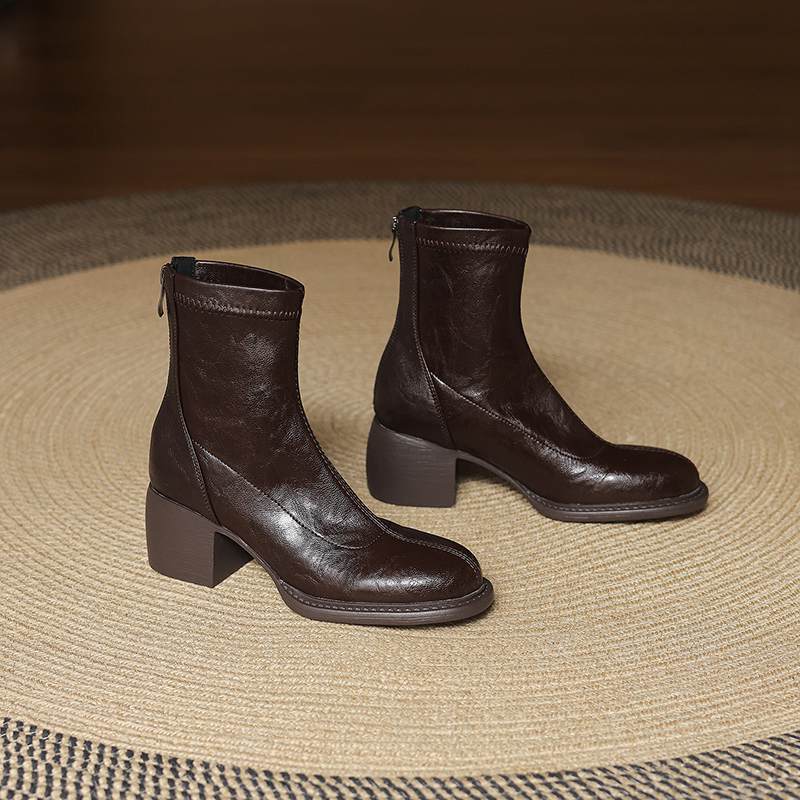 Krazing Po Microfiber Winter Round Toe Size 33 Western Boots Size 43 Zipper Thick High Heels Pleated Decoration Ankle Boots