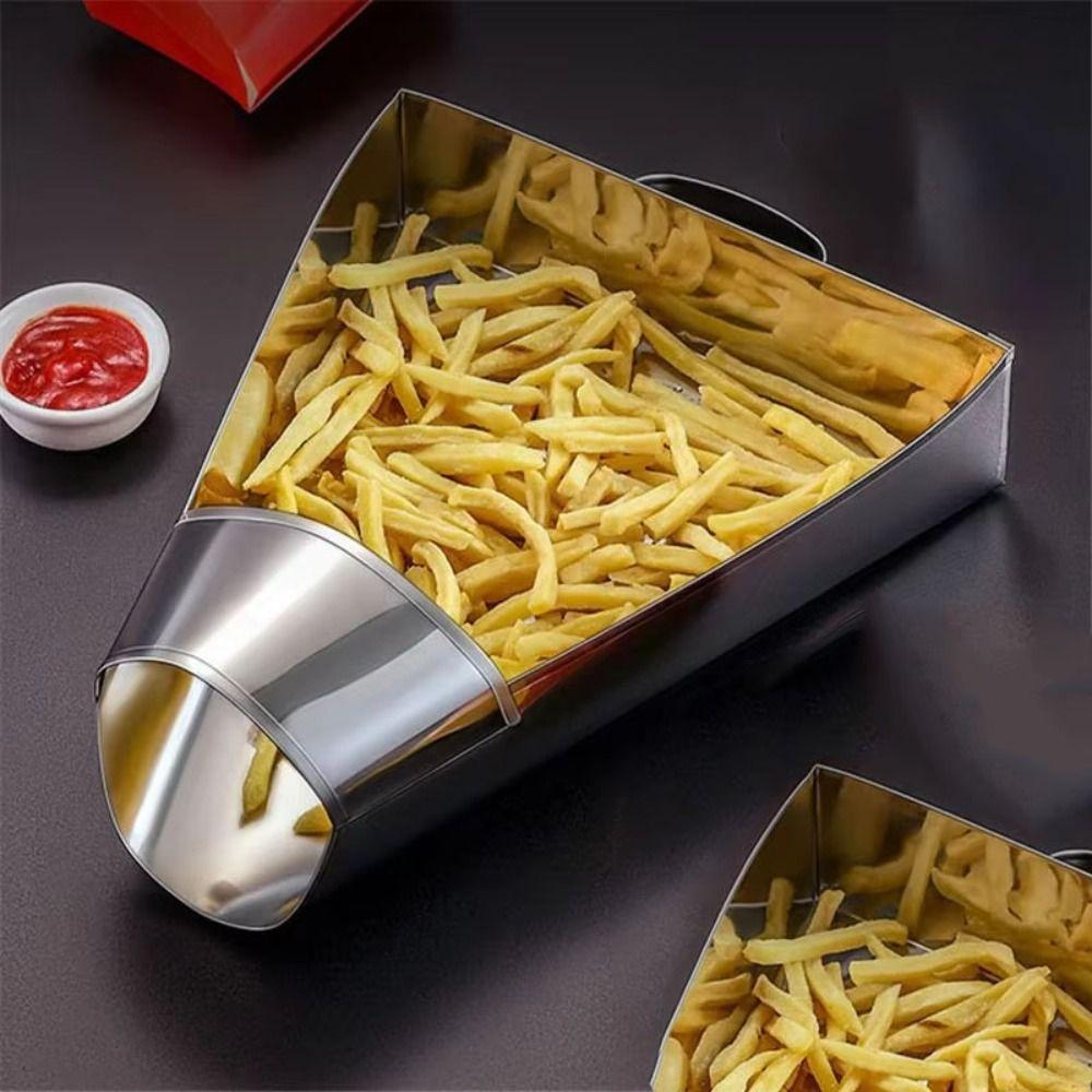 Stainless Steel French Fry Scoop with Handle Food Shovels Funnel Triangle Bucket  Kitchen Utensil