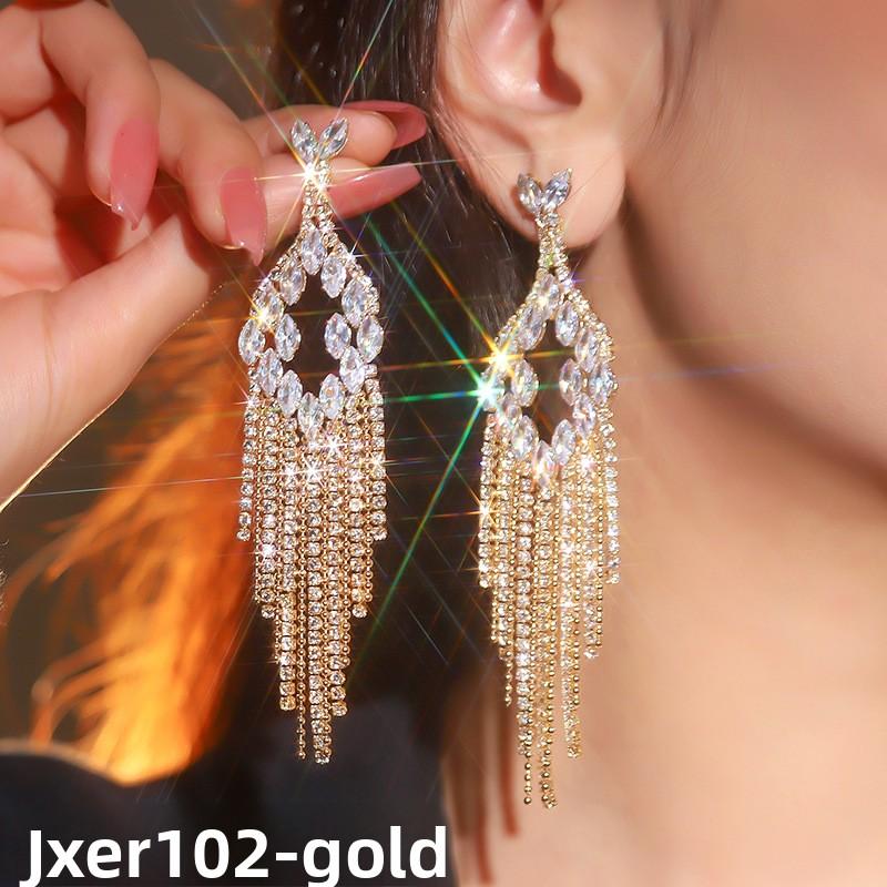 

European and American Style Exaggerated Full Diamond Geometric Horse Eye Zircon Long Fringed Earrings Pentagram Earrings