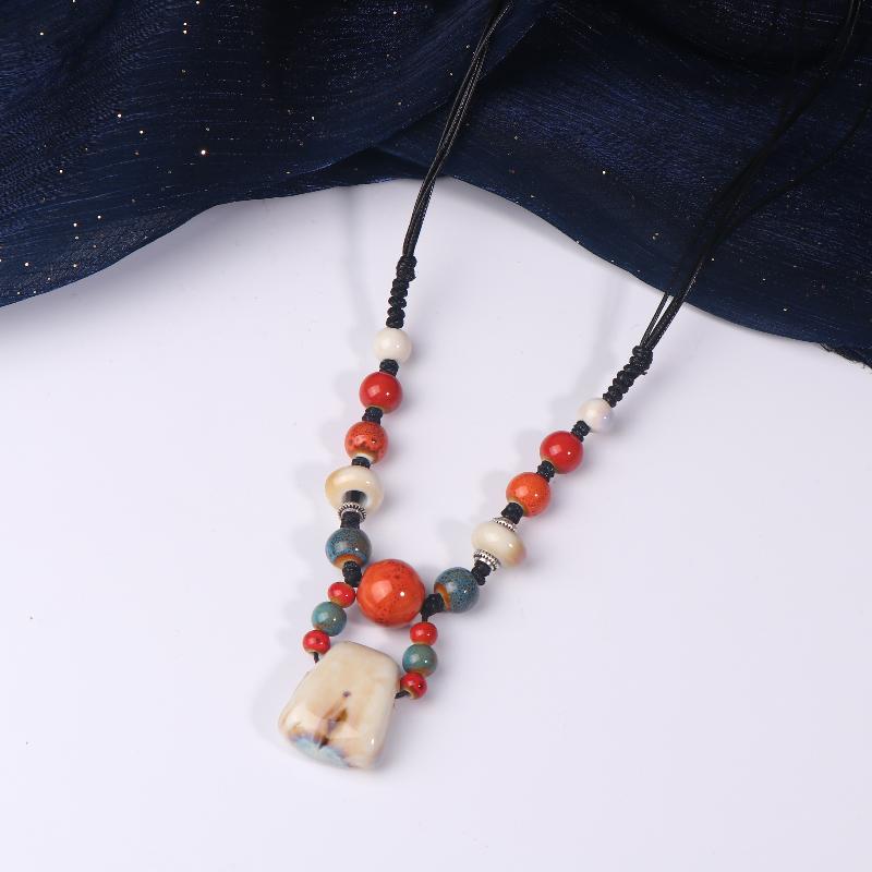 Colorful Ceramic Bean Necklace Handmade Boho Pendant Adjustable Vintage Jewelry For Women Gift