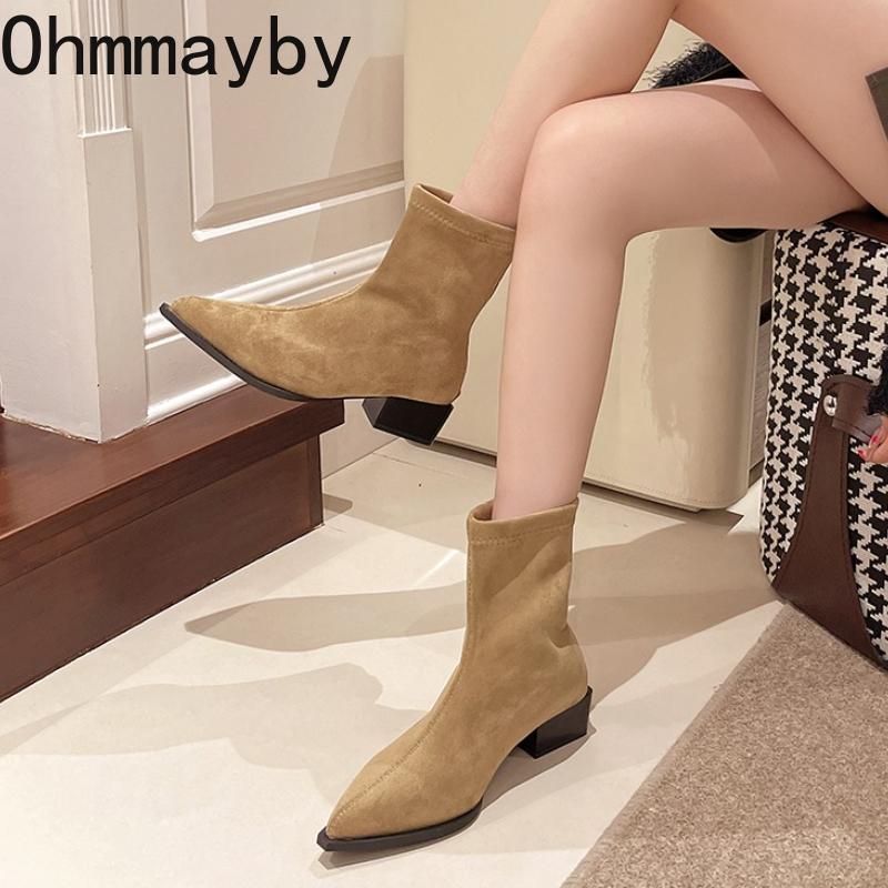 Vintage Pointed Toe Thick Heel Women's Ankle Boots Fashion Party Dress Shoes Autumn Winter Tie Slim Women's Short Booties