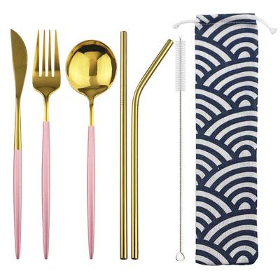 Pink Gold Travel Dinnerware Stainless Steel Portable Cutlery Knife Spoon Fork Straw With Cloth Pack Dinner Set For Picnic
