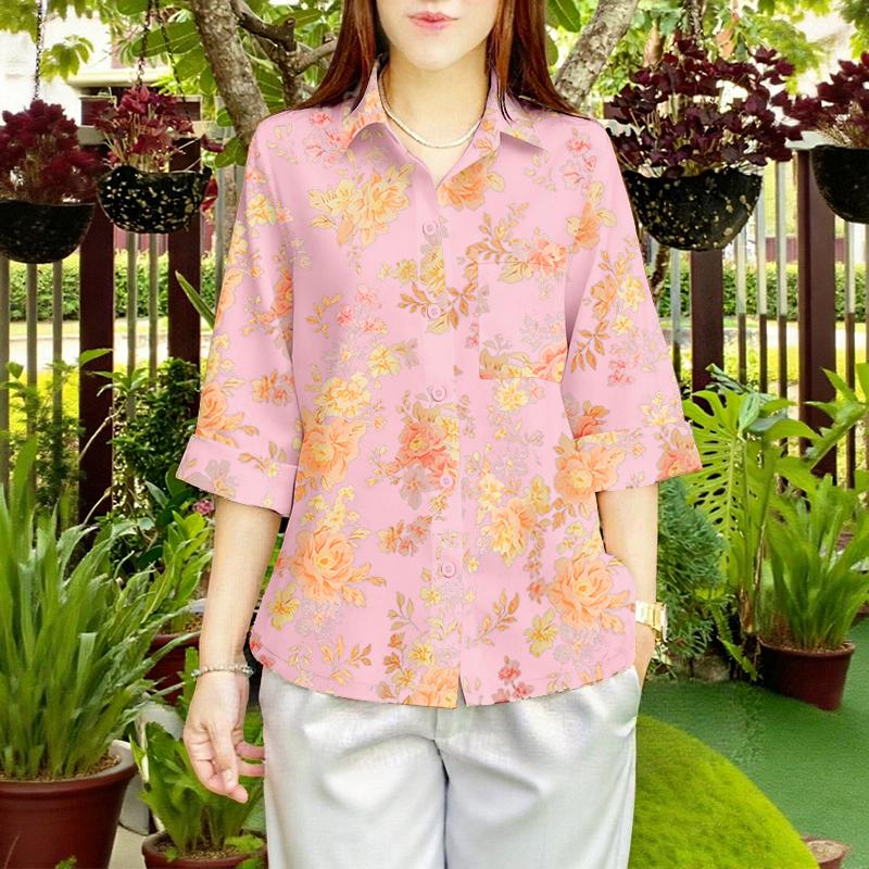 

ZANZEA Women Summer Turn Down Collar 3/4 Sleeve Casual Print Blouse 5XL рожевий