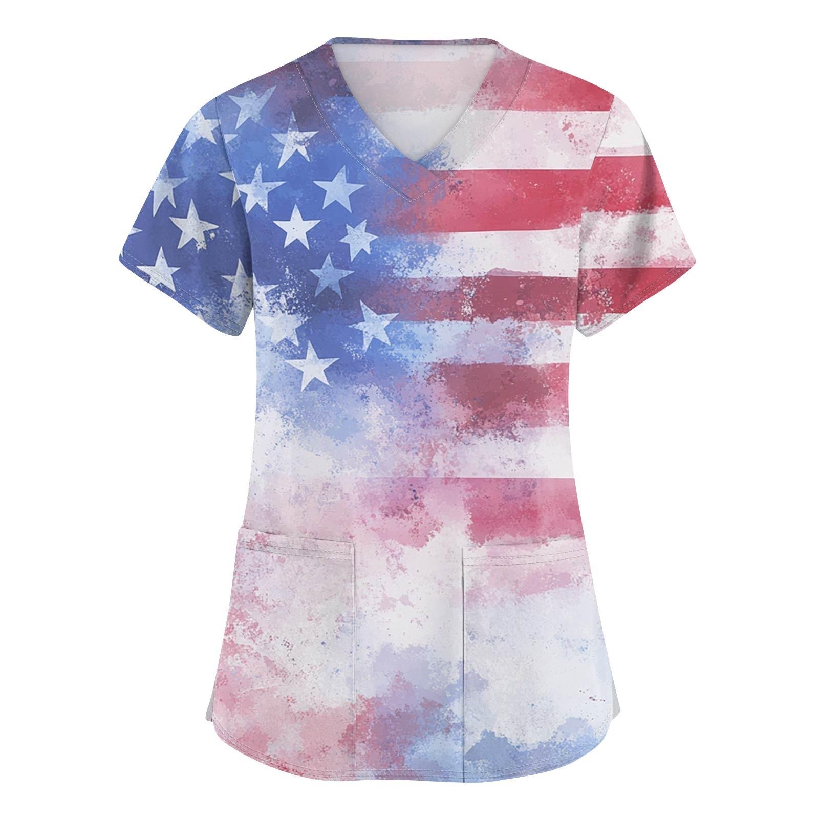 

Женский короткий рукав с принтом Дня независимости, V-образным вырезом, карманом и рабочим костюмом XXXXXL