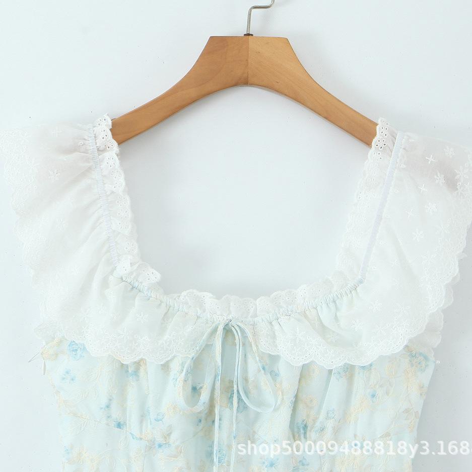 French sweet lace embroidered floral small flying sleeve dress women's summer daughter thin princess tutu skirt short skirt