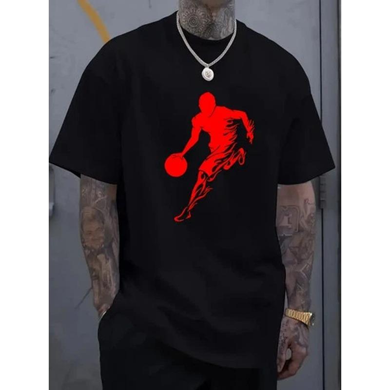 European sizes Men's Basketball Silhouette Printed T Shirt Casual Crew Neck Long SCasual Oversized Graphic Trendy Unisex Tee