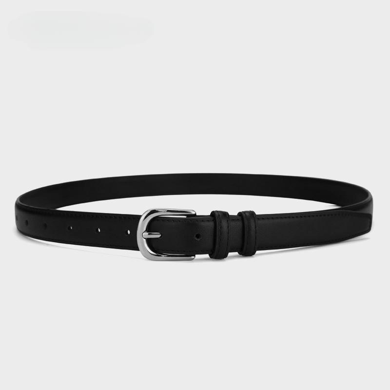 Women's genuine leather belt, fashionable casual jeans belt, women's youth versatile trendy belt with silver buckle, black