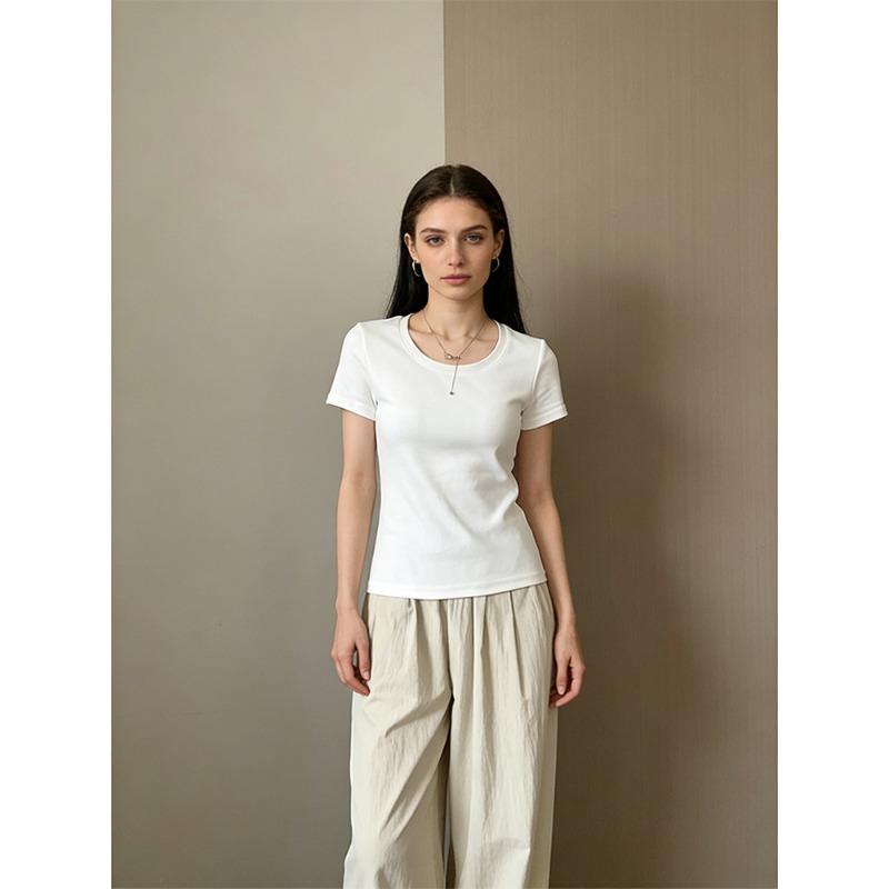 Summer New Shoulder Slim and Thin Collar Short-sleeved Shirt Women's Casual Versatile White Round Neck American Top Clothing
