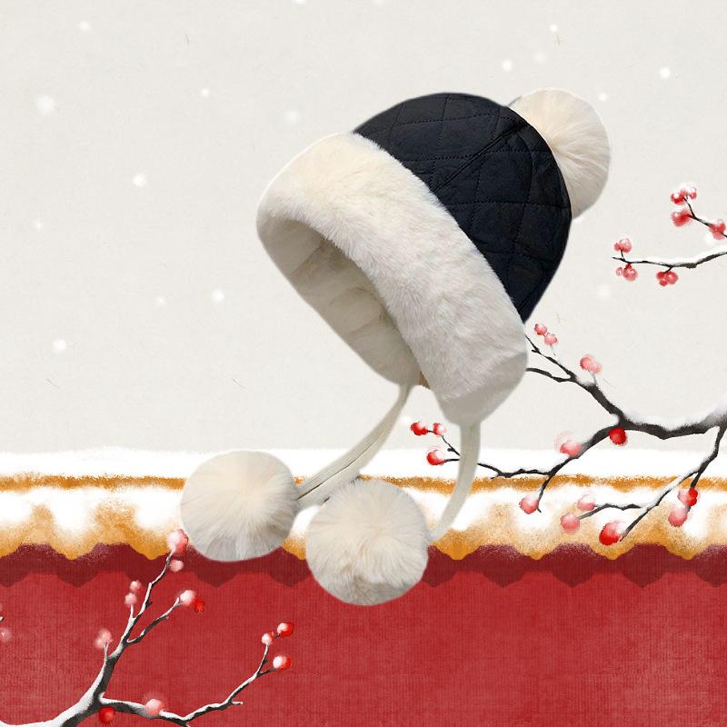 Winter Women's Cute Korean Style Fleece-Lined Thickened Warm Plush Earflap Cold-Resistant Down Cycling Hat