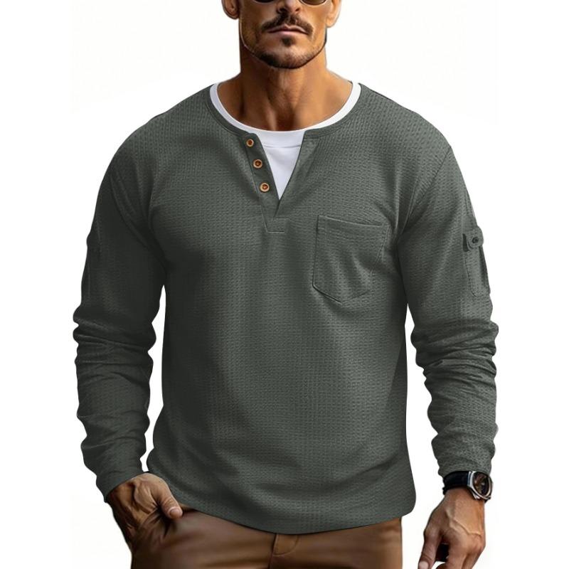 

Men s Navy Blue Waffle Knit Henley Long Sleeve Shirt with Pocket & Button Placket S