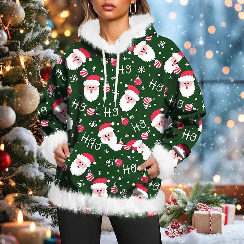 Women's Christmas Casual Fleece-Lined Hoodie With Long Sleeves And Pockets Sweatshirt Top