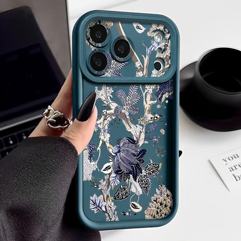 For iPhone 17 Pro Max Case Luxury Retro Dark Floral Pattern Shockproof Bumper Soft Silicone Cover For iPhone 16 15 14 13 Pro 12 11 16E Air