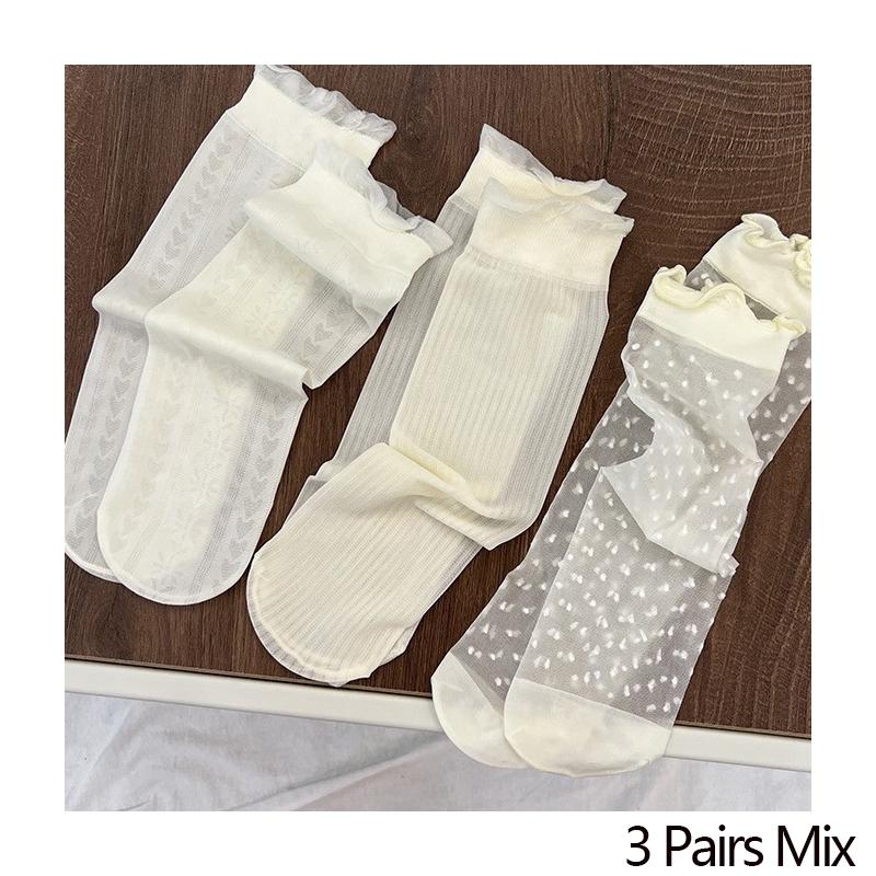 3 Pairs Women's Socks White Lace Summer Thin Wooden Ear Edge Pile Socks Spring summer socks Women's ice silk socks