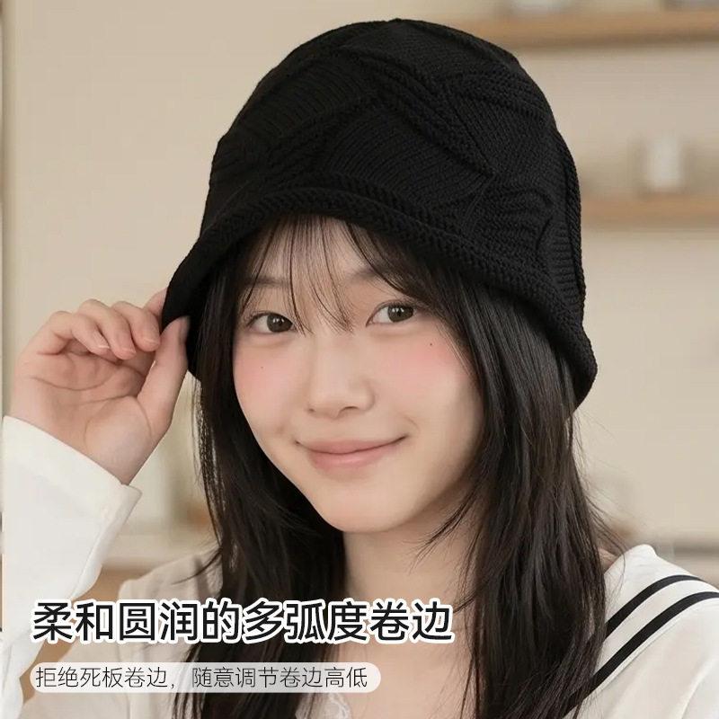 Autumn and winter new wool hat crimped knitted bag head cold hat women's single-layer thin stacked hat shows small face