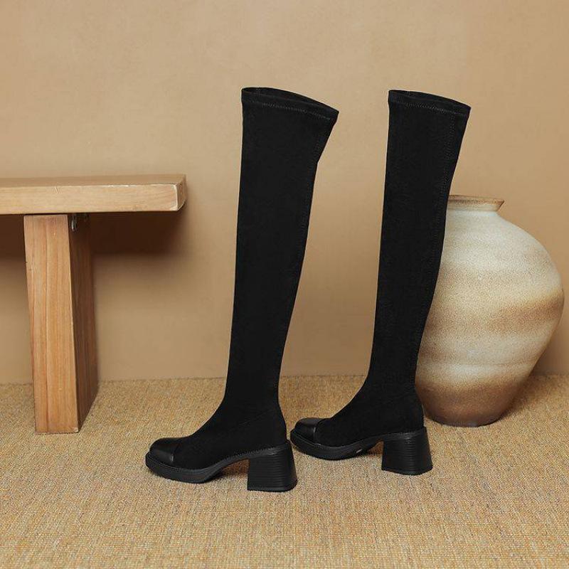

Осень и Зима Замшевые Сапоги на Высоком Каблуке Скинни Удобный Квадратный Каблук Большой Размер Женские Сапоги Корейская Версия Черные Сапоги Чулок Выше Колена L 39