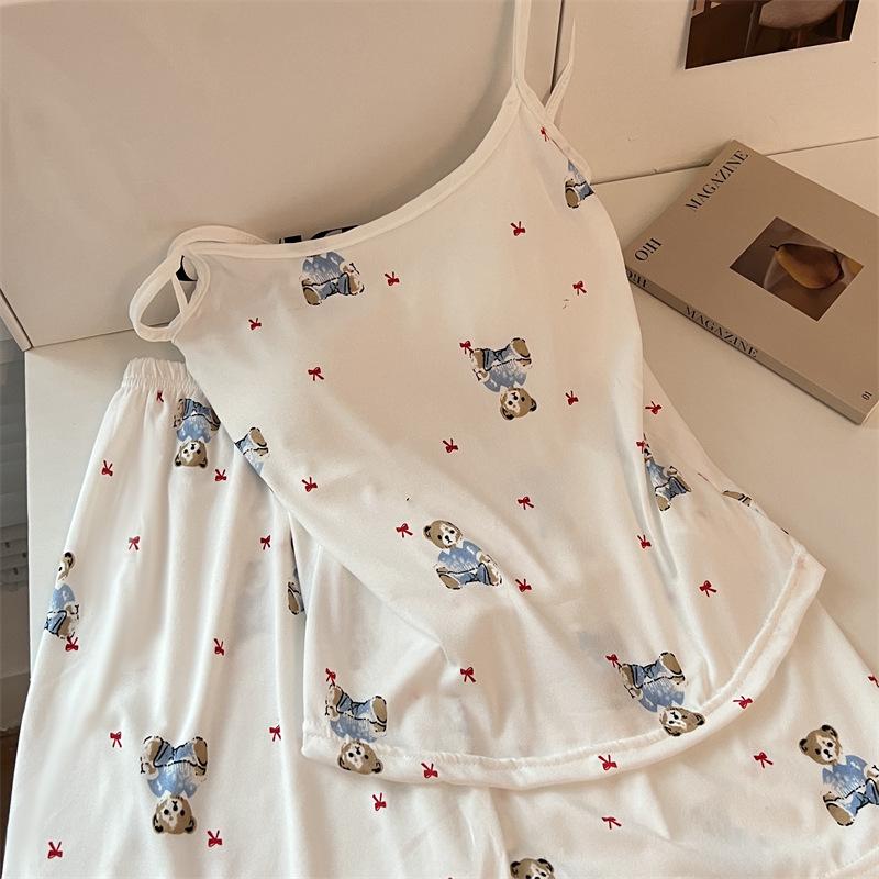 Cute Korean Style Women's Short-Sleeved Camisole Pajama Set with Chest Pads, Imitation Cotton